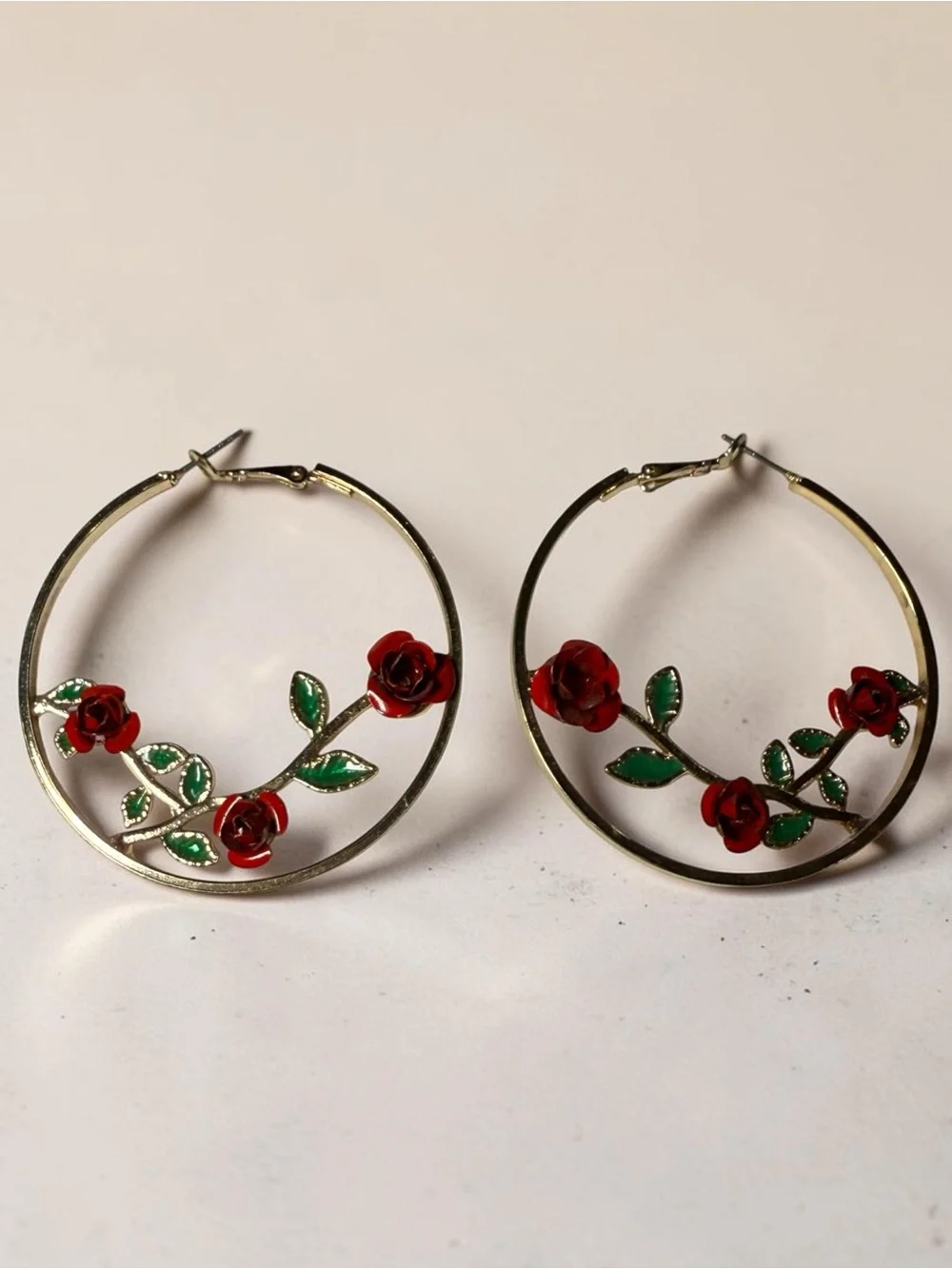 Gold Hoop Earrings Whimsical Cottagecore 3D Red Enamel Rose Vine